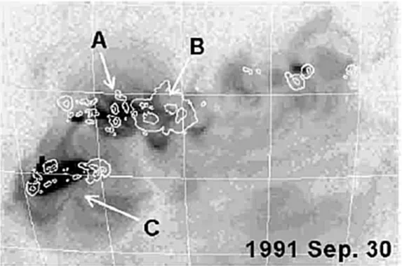 43. ábra. A Yohkoh műhold röntgenfelvétele a napkoronáról (negatív) a NOAA 6850- 6850-ről  és  környéké6850-ről  a  napfoltok  rajzával  a  kontúrmérésekből