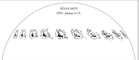33. ábra. A NOAA 6659 aktív vidék végighaladása a napkorongon, tényleges kontúr-  koordinátamérések alapján