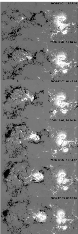 53. ábra. A Hinode japán műhold magnetogramjai a NOAA 10926 aktív vidék jobboldali  öreg foltjai mögött új bipoláris mágneses tér felbukkanásáról (Tsuneta 2007 nyomán)