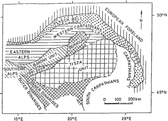 5.3.1. Ábra. A Bükkium tektonikai helyzete az Alpok-Kárpátok-Dinaridák rendszerében 