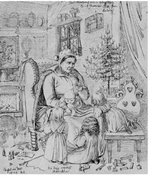 4. ábra: A Grimm-gyermekek karácsonyfája  1828-ben Kasselben. Ludwig Hassenpflug  rajza
