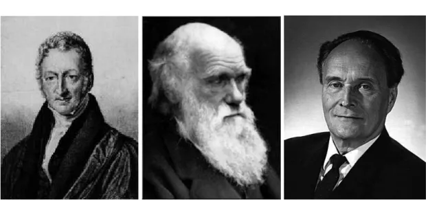 1.1. ábra. Thomas R. Malthus (1766-1834), Charles Darwin (1809-1882) és Georgij F. Gause (1910-1986)