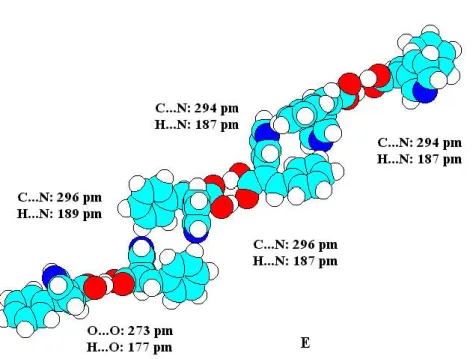 16. ábra Létra- vagy szalagszerű szerkezet a (3&#34;-aromás)C-H...N hidrogénkötésekkel  összetartott  E-2-(3'-piridil)-3-fenilpropénsav-dimerek trimerjénél PM3 számítások szerint 
