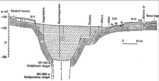 5. ábra: Földtani szelvény a Pándorfalvi (Parndorfi)- fennsík és a Bana-Bábolna környéki teraszszigetek között