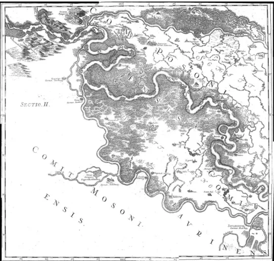 36. ábra: L.F. MARSIGLI Duna-térképének szigetközi szakasza 1696 - 1702