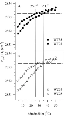 10. ábra: A ν sym CH 2  rezgés hőmérsékletfüggése 35 illetve 25 C o -on nőtt Synechocystis PCC 6803  sejtek  (A)  -  tilakoid  (WT35,  WT25) 34   és  (B)  -  citoplazma  membránjában  (WC35,  WC25)