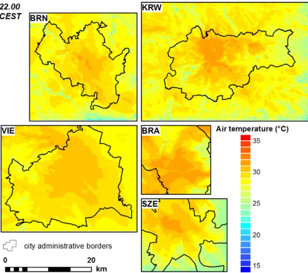Fig. 6. Spatial  distribution of  modelled  air temperature  on 8th August at 22.00  in Bratislava (BRA), Brno  (BRN), Kraków  (KRW),  Szeged (SZE) and  Vienna (VIE)