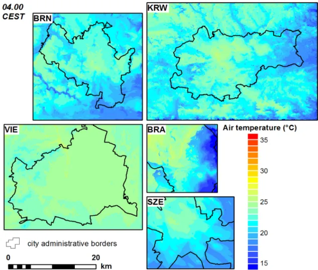 Fig. 7. Spatial distribution  of air temperature on  9th August at  04.00 in Bratislava  (BRA),  Brno (BRN),  Krakow (KRW),  Szeged (SZE)  and  Vienna (VIE)