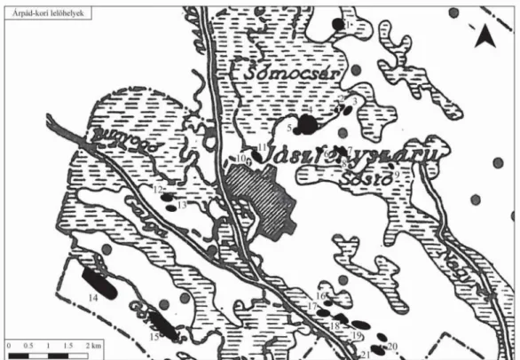 10. kép: Árpád-kori települések,  temetők és templomok (fehér kereszttel jelölve) a mai Jászfényszaru bel- és  külterületén  (A  térkép  alapja:  F odor   F