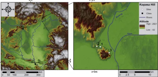 Fig. 1. Topographical map showing an overview of the Carpathian Basin (left) and some of the research sites at the Kopasz Hill (right)