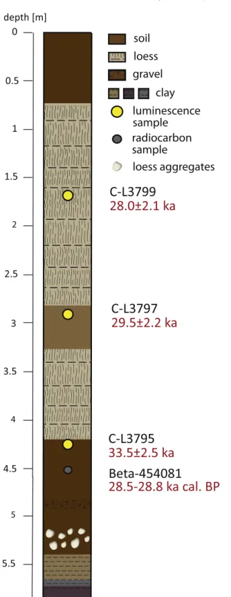 Fig. 2. Stratigraphical sketch of the loess-paleosol sequence Bodrogkeresztúr. Location of geochronological samples and their results are included.