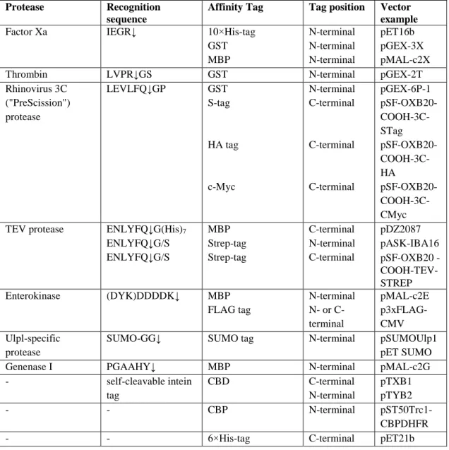 Table 1: Examples of widely used proteases for removal of affinity tags for protein purification  [17-34]