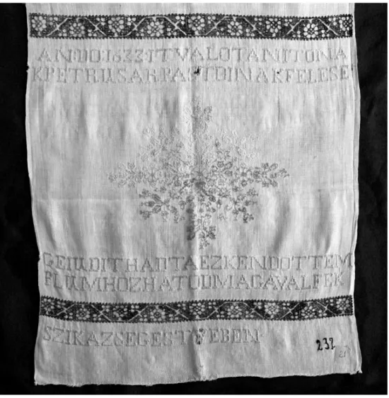 2. kép. Éneklőszékkendő (részlet), Beresztelke,   Árpástói Péterné 1633-as adománya 