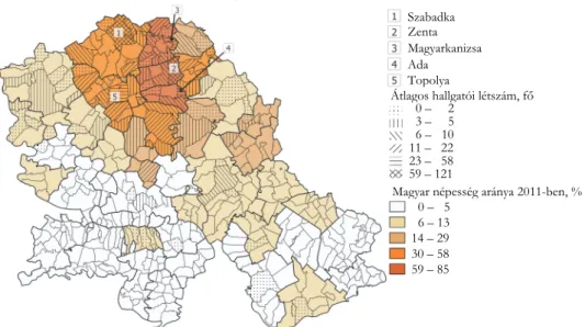 2. ábra  A SZTE-en tanuló átlagos vajdasági hallgatói létszám és a kibocsátó települések 