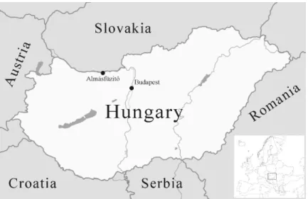 Figure 1. Position of the Almásfüzitő red mud pitfalls in NW-Hungary. 