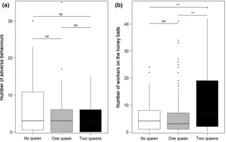 Fig. 1. Difference in the number of adverse behaviours against the competitors (a) and in the number of workers on the honey baits (b) in the case of Myrmica scabrinodis subcolonies without, with one, or with two queens