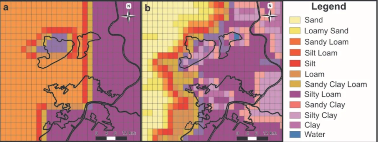 Fig. 4. FAO (a) and DKSIS (b) soil databases at a model grid spacing of 2 km. 