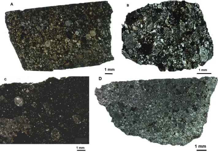 Figure 1. Thin section photos of Mező-Madaras (A), Knyahinya (B), Nyírábrány (C) and Mócs (D) chondrites.