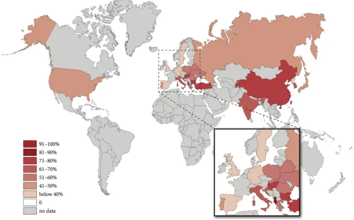 Fig. 1. Map of antibiotic use worldwide. There is a general overuse of AB worldwide (57.2%)