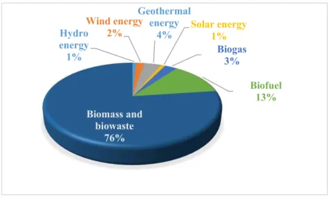 Fig. 1. The share-out of primary energy production from renewables and biowastes in Hungary in  2017 [Data based on KSH, 2018] Hydro energy1%Wind energy2%Geothermal energy4% Solar energy1%Biogas3% Biofuel13%Biomass and biowaste76%