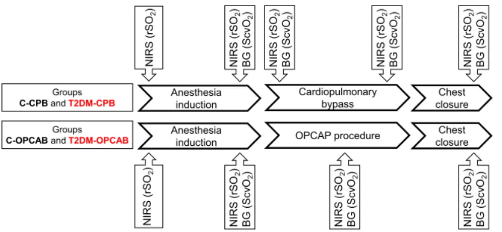 Figure 2.  The scheme of the measurement protocol. Measurements were made at five time points in the  patients with cardiac surgeries requiring cardiopulmonary bypass (Groups C-CPB and T2DM-CPB), while four  measurements were performed in the patients with