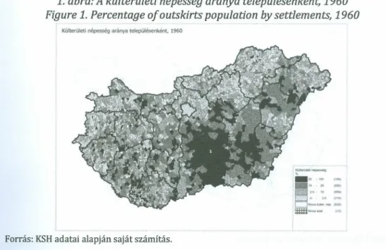 1. ábra: A kűlterűleti népesség aránya településenként, 1960 Figure 1. Percentage of outskirts population by settlements, 1960