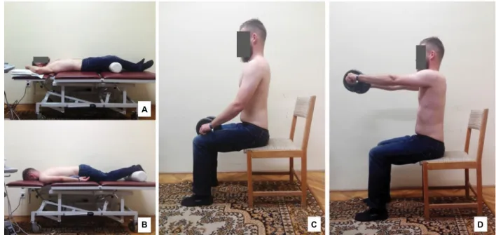 Figure 2 The applied postures during the ultrasonography: (A) supine position; (B) prone position; (C) quiet sitting; (D) weightlifting.