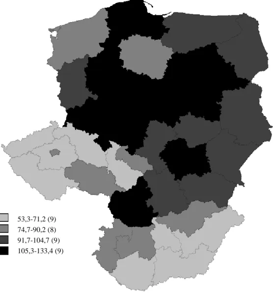 A térképi ábrázolás (4. ábra) is szemléletessé teszi, hogy a növekedés éllova- éllova-sai  a  lengyel  és  szlovák  régiók  voltak,  míg  a  magyar  és  cseh  régiók  jellemzően  gyengébben teljesítettek
