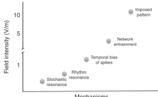 Fig. 2 Five postulated mechanisms to affect online spiking of neurons and networks patterns in response to different estimated magnitudes of TES.