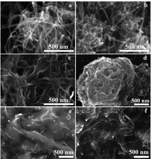 Figure 5. SEM images of the pristine MWCNT (a), oxidized-MWCNT (b), MWCNT – MA – 1-octene (c), MWCNT – MA – 1-octene /CdS(2 h) (d), MWCNT – MA – 1-octene /CdS(4 h) (e) and MWCNT – MA – 1-octene /CdS(6 h) (f) samples.