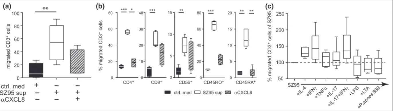Fig 2. SZ95 sebocytes induce the migration of T cells via secretion of CXCL8. (a) CD3 + T cells migrated towards the SZ95 sebocyte supernatant after 2 h of incubation