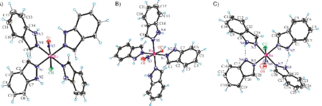 Figure  1.  A)  ORTEP  view  of  the  cation  [RuCl(NO)(Hind) 4 ] 2+   in  the  crystal  structure  of   [3]Cl 2 ·2(CH 3 ) 2 CO)  with atom labeling scheme and thermal ellipsoids at 50% probability level; 