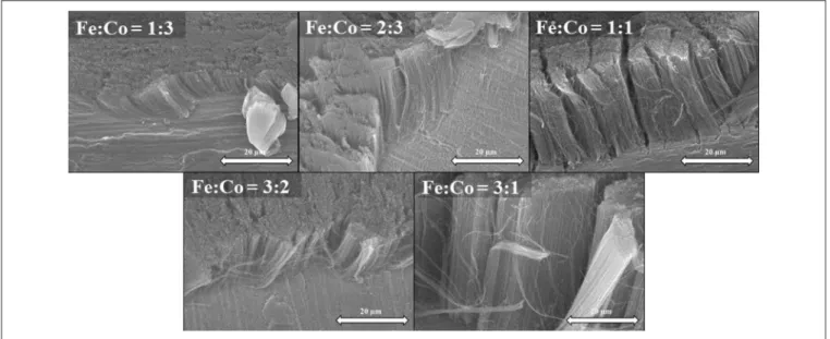 FIGURE 6 | SEM images of CNT forests synthesized at various catalyst ratios without Al 2 O 3 oxide layer on titanium support.