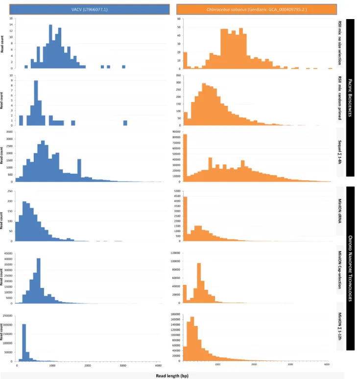 Figure 8: Comparison of the read-length distributions between the VACV and the host (Chlorocebus sabaeus) transcripts within the utilized non-size-selected library preparation methods