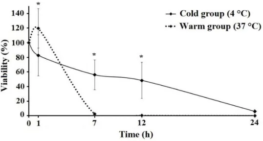 Figure  1.  The  ischemic  tolerance  of  bone  tissue  at  37  and  4  °C  temperatures