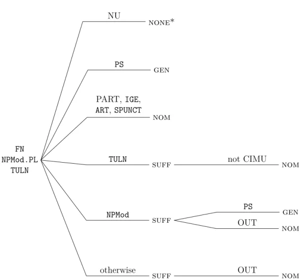 Figure 2.1. Decision tree summarising the rules applied to nouns (common nouns and proper nouns), and plural adjectives, numerals or participles