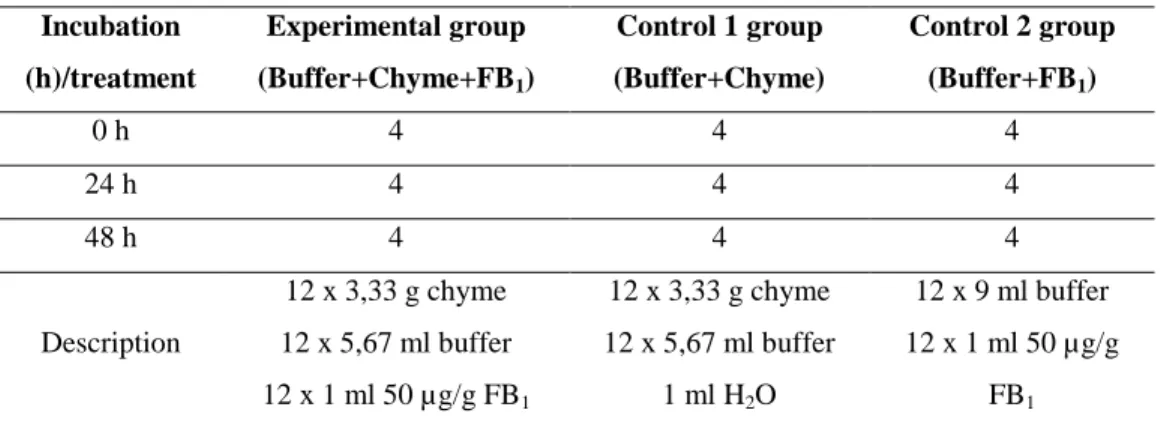 Table 5: Experimental design to determine in vitro interaction between fumonisin B 1 and the intestinal microflora of pigs 