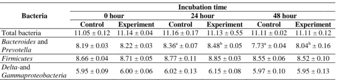 Table 6: Number of bacteria in the sheep’s ruminal content incubated with  (experimental group) and without (control-1 group) fumonisin B 1  measured by QPCR 