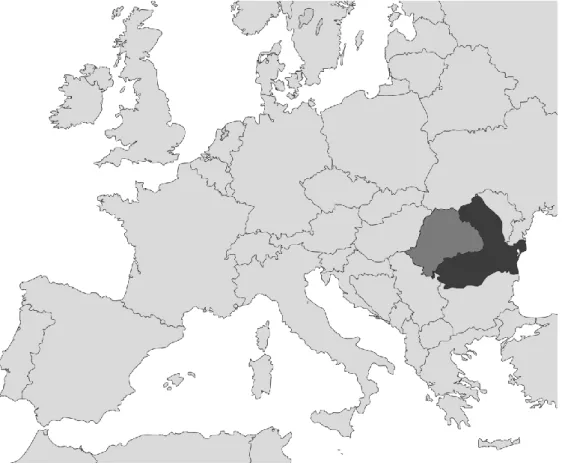 Abb. 2: Geografische Lage Rumäniens (schwarz) inkl. Siebenbürgens (dunkelgrau) in Europa                                                  