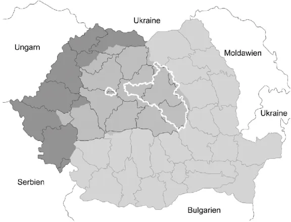 Abb.  3: Geografische Lage Siebenbürgens in  Rumänien (mittelgrau)  inkl. des Partiums (dunkelgrau)  und dem historischen Grenzverlauf Siebenbürgens (weiß) 
