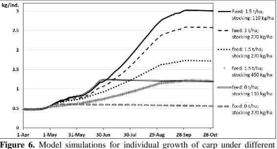 Figure  6.  Model  simulations  for  individual  growth  of  carp  under  different  technological scenarios assuming a stocking weight of 475 g on 1 April   Over the past 10 to 15 years, consumer preferences for carps in Hungary have  shifted towards larg