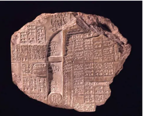 Fig. 2. Orientation-tablet from the first millennium (7–6 th  century BC) which maps out the  surface of the liver, covering it with a grid of positive, negative, and neutral fields, see note  139