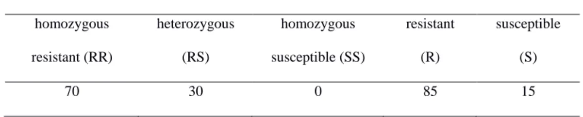 Table  2.  Genotipic  allele  frequency  in  male  Haemonchus  contortus  (S=susceptible,  R=resistant) in Study 2; N=30 