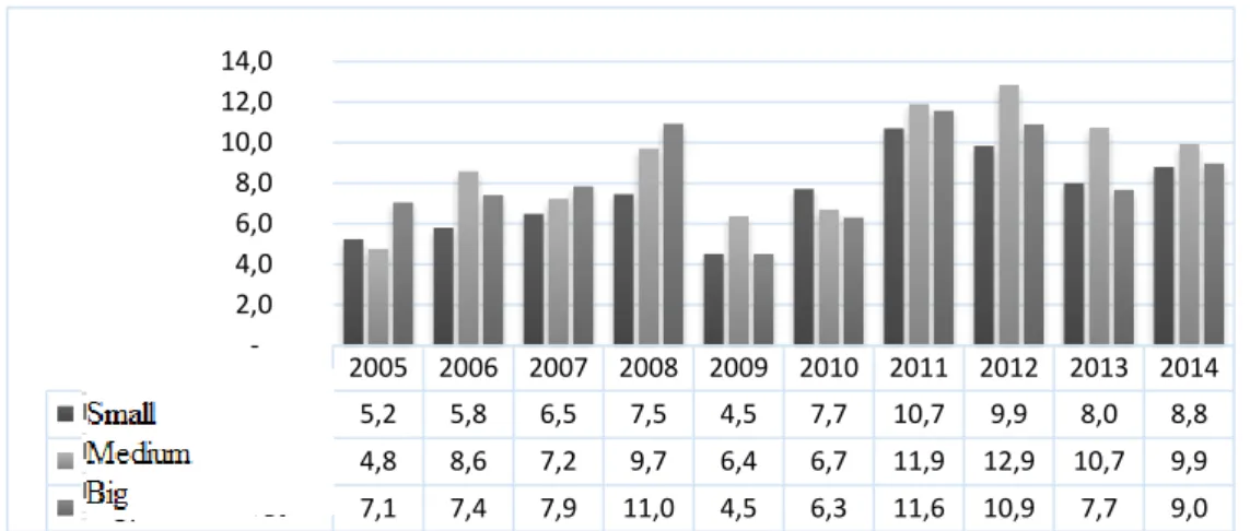 Figure 11. Profitability of total capital among corporate farms by company  size 