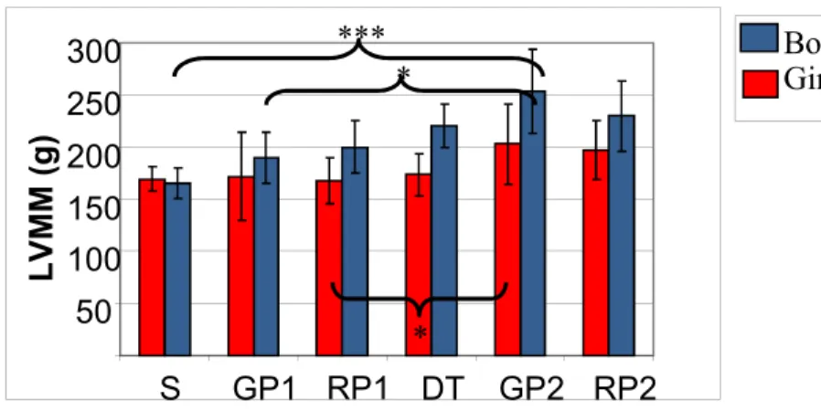 Figure 8. - Seasonal changes in the left ventricular muscle mass  LVMM: left ventricular muscle mass S: starting values, GP1,2: 