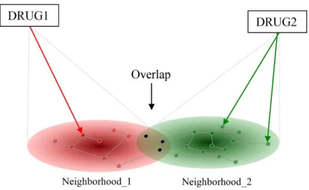 Figure  1.  The  effect  of  two  drugs  (Drug 1 ,  Drug 2 )  reaches  their  imminent  targets  first  (arrows)  and  the  effect  will  then  propagate  to  their  network  neighborhoods (subnetworks) indicated in red and green, respectively
