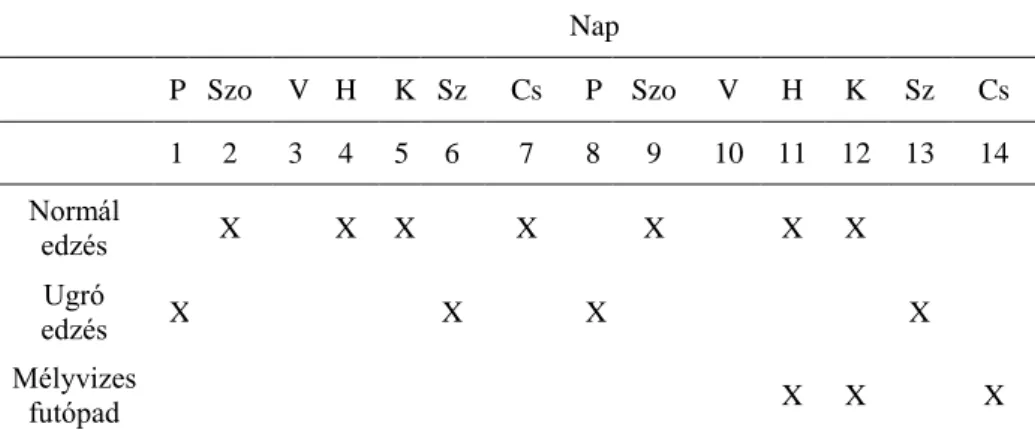 5. Táblázat: Edzésprogram a 14 nap kísérleti periódusban 