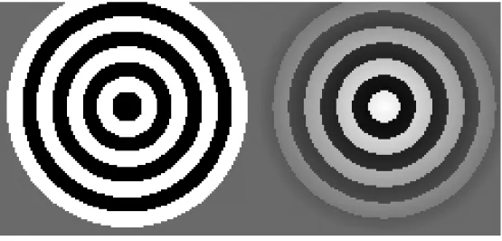 Figure 1.2: Light field and multiview autostereoscopic display comparison (a) Original 2D input patterns; (b) Screen shot of multiview autostereoscopic display; (c) Screen shot of  projection-based light field display.
