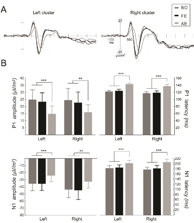 Figure  2.3.  Electrophysiological  results.  (A)  Amblyopic  effects  on  the  grand  average  ERPs  of  the  left  and right electrode cluster (P7, P9, PO7, and PO9 and P8, P10, PO8, and PO10)