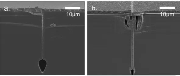 Figure 4.9: Sealed microchannels fabricated by the improved technology with mask  protection (a.), and by the original technology, but without mask protection (b.)